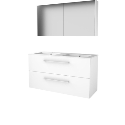 Basic-Line Comfort 46 ensemble de meubles de salle de bain 120x46cm avec poignées 2 tiroirs lavabo en porcelaine 2 trous de robinetterie armoire de toilette mdf laqué blanc glacier