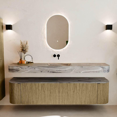 MONDIAZ THOR-DLUX Meuble de salle de bains 190cm arrondi gauche + droite couleur Dusk avec 2 tiroirs et 2 portes. Vasque suspendue CLOUD Milieu sans trou de robinet couleur Sombra.