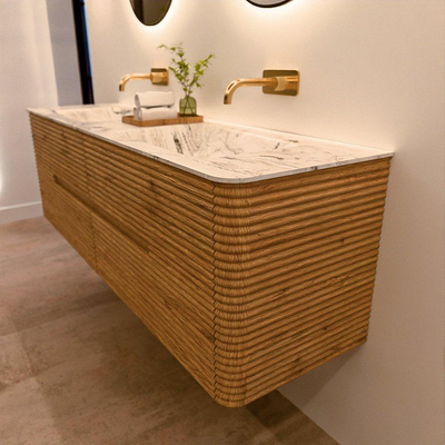 Mondiaz CIRO-DLUX Ensemble de meubles de salle de bains - 160x45x50cm - Plan vasque solid surface Glace - 2 vasques Double - sans trous de robinet - 4 tiroirs - Chêne