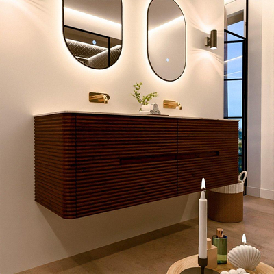 Mondiaz CIRO-DLUX Meuble de salle de bains - 150x45x50cm - Plan vasque solid surface Nata - 2 vasques Double - sans trous de robinet - 4 tiroirs - Ruby