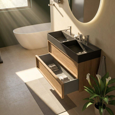 Saniclass Holz Frame Ensemble de meuble de salle de bains - 120x45x72cm - lavabo Legend en céramique noir mat - 2 vasques - 2 trous de robinet - 2 tiroirs - chêne natural mat (bois)