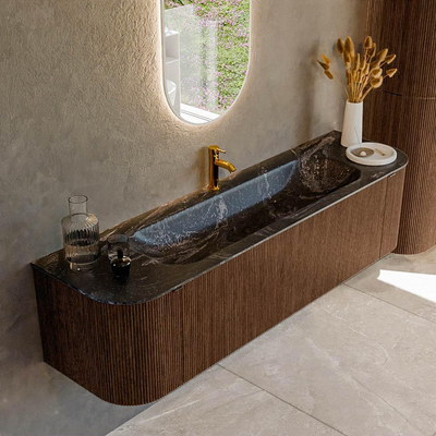 MONDIAZ KURVE-DLUX 170cm badmeubel met module 25 Len R kleur Walnut met 1 lade en 2 deuren. Wastafel BIG LARGE midden 1 kraangat kleur Lava.
