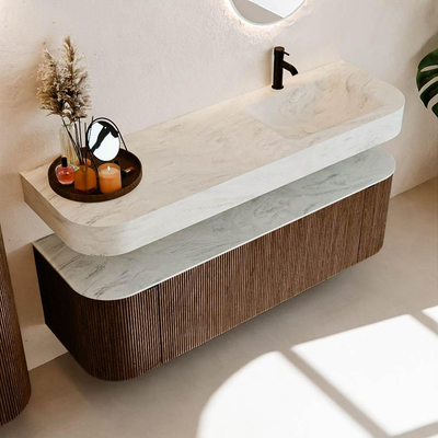 MONDIAZ THOR-DLUX 150cm meuble de salle de bains arrondi gauche + droite couleur Walnut avec 1 tiroir et 2 portes. Vasque suspendue CLOUD Droite 1 trou de robinet couleur Opalo.