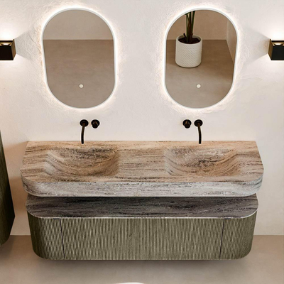 MONDIAZ THOR-DLUX 160cm meuble de salle de bains arrondi gauche + droite couleur Shadow avec 1 tiroir et 2 portes. Vasque suspendue CLOUD Double sans trou de robinet couleur Oza.