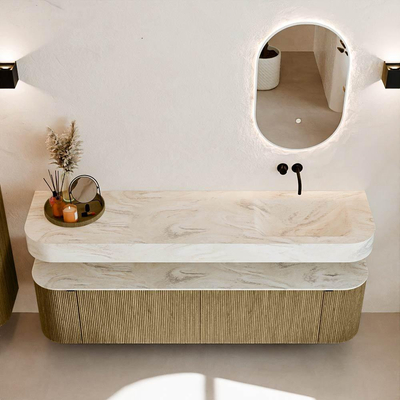 MONDIAZ THOR-DLUX 180cm meuble de salle de bains arrondi gauche + droite couleur Dusk avec 2 tiroirs et 2 portes. Vasque suspendue CLOUD Droite sans trou de robinet couleur Ostra.