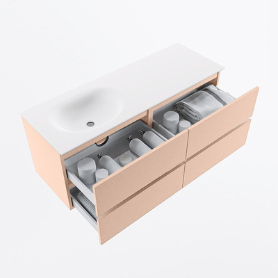 Mondiaz VICA Ensemble de meuble de salle de bain - 130cm - meuble sous vasque rosee - 4 tiroirs - lavabo moon gauche - 1 trou de robinet - version haute de 60cm - talc