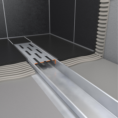 Easy Drain Compact 50 caniveau de douche inox avec plaque simple inox, flasque inox standard, siphon 50mm, 80cm, profondeur d'encastrement 83mm avec sortie latérale.