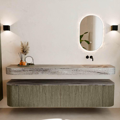 MONDIAZ THOR-DLUX 200cm meuble de salle de bains arrondi gauche + droite couleur Shadow avec 2 tiroirs et 2 portes. Vasque suspendue CLOUD Droite sans trou de robinet couleur Oza.