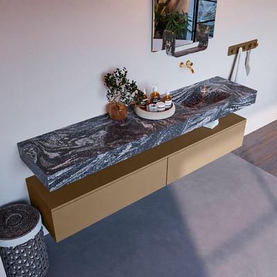 Mondiaz ALAN-DLUX Ensemble de meuble - 200cm - meuble Oro mat - 2 tiroirs - Lavabo Cloud Lava suspendu - vasque Droite - 0 trous de robinet