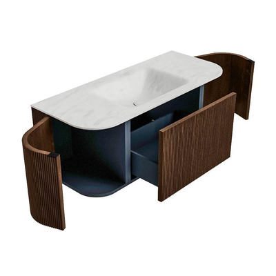 MONDIAZ KURVE-DLUX meuble de salle de bains 110 cm avec module 25 Len R couleur Walnut avec 1 tiroir et 2 portes. Lavabo CLOUD central 1 trou de robinet couleur Opalo.