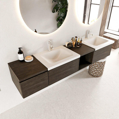 Mondiaz BUKLA badkamermeubelset 200x45x34cm 2 kraangaten 2 wasbakken solid surface Talc greeploos 3 lades met softclose Melamine Dark brown