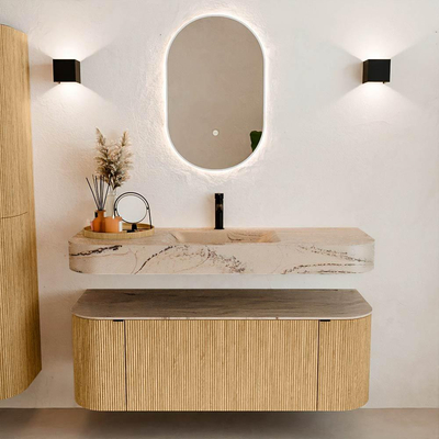 MONDIAZ THOR-DLUX 130cm badmeubel ronding links + rechts kleur Oak met 1 lade en 2 deuren. Vrijhangende wastafel CLOUD Midden 1 kraangat kleur Arena.