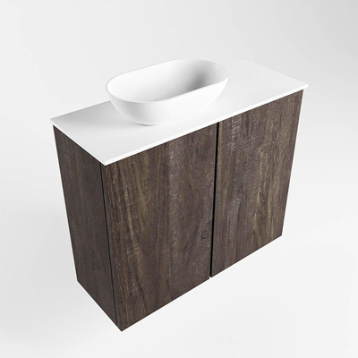 Mondiaz fowy armoire de toilette 60x50x23cm marron foncé mat 1 trou pour robinetterie lavabo : gauche 2 portes solid surface avec mélamine dessus couleur lavabo : blanc