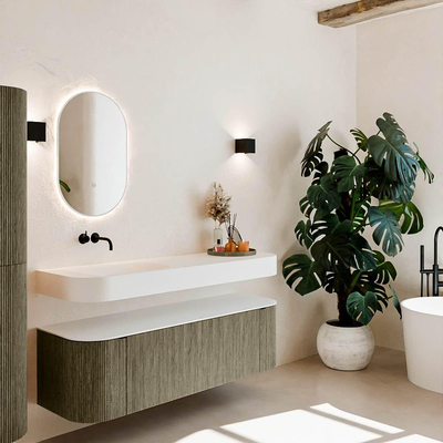 MONDIAZ THOR Meuble de salle de bains 150cm arrondi gauche + droite couleur Shadow avec 1 tiroir et 2 portes. Vasque suspendue CLOUD Gauche sans trou de robinet couleur Talc.