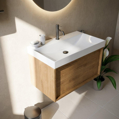Saniclass Holz Frame Ensemble de meubles de salle de bains - 80x45x47.5cm - lavabo Wave en céramique - 1 vasque - 1 trou de robinetterie - 1 tiroir - chêne naturel mat (bois)
