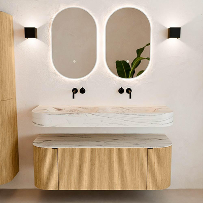 MONDIAZ THOR-DLUX 130cm badmeubel ronding links + rechts kleur Oak met 1 lade en 2 deuren. Vrijhangende wastafel CLOUD Dubbel zonder kraangat kleur Nata.