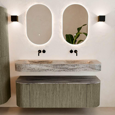 MONDIAZ THOR-DLUX Meuble de salle de bains 140cm arrondi gauche + droite couleur Shadow avec 1 tiroir et 2 portes. Vasque suspendue CLOUD Double sans trou de robinet couleur Oza.