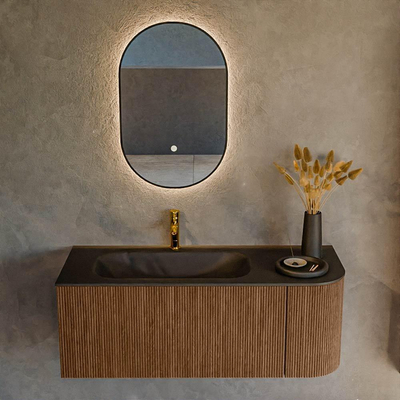 MONDIAZ KURVE 115cm Meuble salle de bain avec module 25 D - couleur Walnut - 1 tiroir - 1 porte - vasque BIG SMALL gauche - 1 trou de robinet - Urban