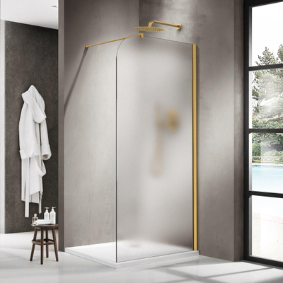 Fortifura Galeria Paroi de douche à l'italienne - 100x200cm - paroi en verre arrondie - droite - verre mat - barre de fixation murale - laiton brossé PVD (Or)