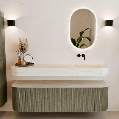 MONDIAZ THOR-DLUX 160cm meuble de salle de bains arrondi gauche + droite couleur Shadow avec 1 tiroir et 2 portes. Vasque suspendue CLOUD Droite sans trou de robinet couleur Meli.