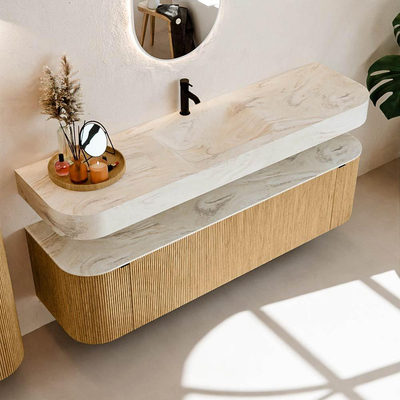 MONDIAZ THOR-DLUX 170cm badmeubel ronding links + rechts kleur Oak met 1 lade en 2 deuren. Vrijhangende wastafel CLOUD Midden 1 kraangat kleur Ostra.