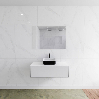 MONDIAZ LAGOM ensemble de meuble de salle de bain - 100cm - 1 tiroir - lavabo Binx - évier au centre - 1 trou de robinet - Solid surface urban - avec bouchon blanc mat - avec siphon - avec niche de salle de bain 45cm Solid Surface Urban MODÈLE D'EXPOSITIO