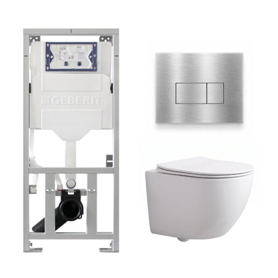 Pack WC QeramiQ Dely Swirl Compact - réservoir encastrable Geberit UP320 - avec bâti-support Burda - abattant slim - plaque de commande en métal inox - boutons rectangulaires - blanc brillant