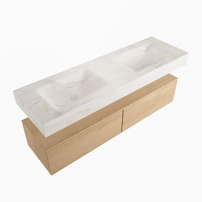 Mondiaz ALAN-DLUX Ensemble de meuble - 150cm - meuble Washed Oak mat - 2 tiroirs - Lavabo Cloud Ostra suspendu - vasque Gauche et droite - 0 trous de robinet