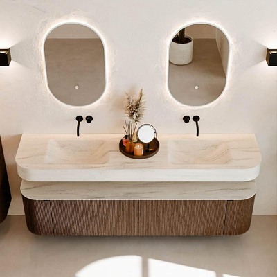 MONDIAZ THOR-DLUX 190cm badmeubel ronding links + rechts kleur Walnut met 2 lades en 2 deuren. Vrijhangende wastafel CLOUD Dubbel zonder kraangat kleur Meli.