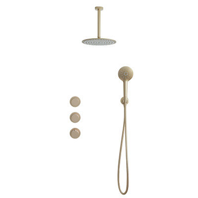 Fortifura Nebbio Regendoucheset - inbouwkraan - inbouwdeel - wandaansluitbocht - doucheslang metaal - ronde handdouche - 20cm plafondarm - ronde hoofddouche - PVD - geborsteld messing (goud)