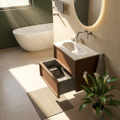 Saniclass Holz Frame Ensemble de meubles de salle de bains - 80x45x73.9cm - Chaci lavabo en céramique blanc - 1 vasque - sans trou de robinetterie - 2 tiroirs - mat walnut pure (bois)