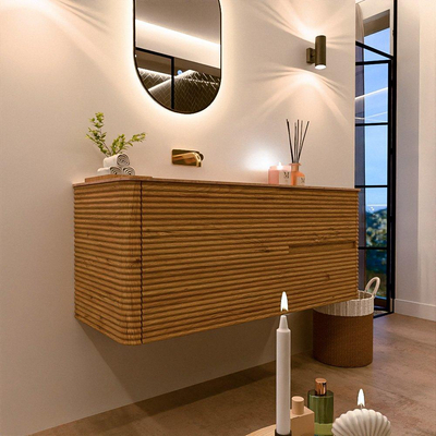 Mondiaz CIRO-DLUX Badkamermeubelset - 120x45x50cm - Solid surface wastafel Saba - 1 wasbak Links - zonder kraangaten - 2 lades - Oak