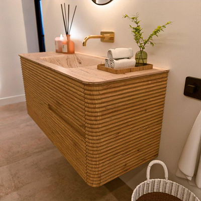 Mondiaz CIRO-DLUX Ensemble de meubles de salle de bains - 110x45x50cm - Lavabo en solid surface Arena - 1 vasque au milieu - sans trous de robinet - 2 tiroirs - Chêne