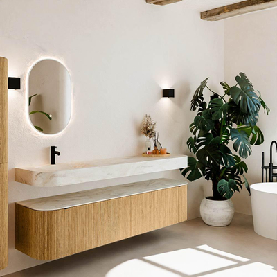 MONDIAZ THOR-DLUX Meuble de salle de bains - 190cm - arrondi gauche + droite - couleur Oak - 2 tiroirs et 2 portes - Vasque suspendue CLOUD Gauche 1 trou de robinet couleur Ostra