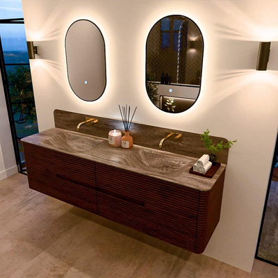 Mondiaz CIRO-DLUX Meuble de salle de bains - 180x45x50cm - Plan vasque solid surface Oza - 2 vasques Double - sans trous de robinetterie - 4 tiroirs - Ruby