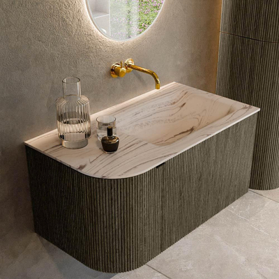 MONDIAZ KURVE-DLUX Meuble de salle de bains 85cm arrondi à gauche couleur Shadow avec 1 tiroir et 1 porte. Lavabo CLOUD à droite sans trou de robinet Nata.