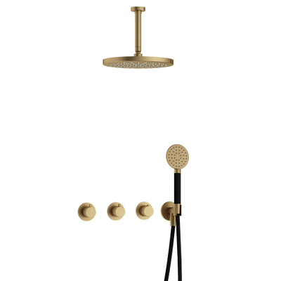 Hotbath Cobber IBS70 Regendoucheset - inbouw - 15cm plafondarm - 30cm ronde hoofddouche - 1 stand handdouche - geborsteld messing goud