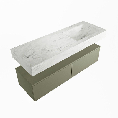 Mondiaz ALAN-DLUX Ensemble de meuble - 130cm - meuble Army mat - 2 tiroirs - Lavabo Cloud Opalo suspendu - vasque Droite - 0 trous de robinet
