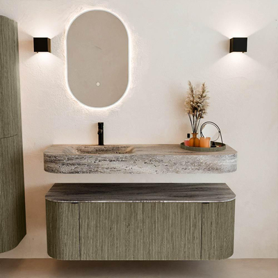 MONDIAZ THOR-DLUX 130cm meuble de salle de bains arrondi gauche + droite couleur Shadow avec 1 tiroir et 2 portes. Vasque suspendue CLOUD Gauche 1 trou de robinet couleur Oza.