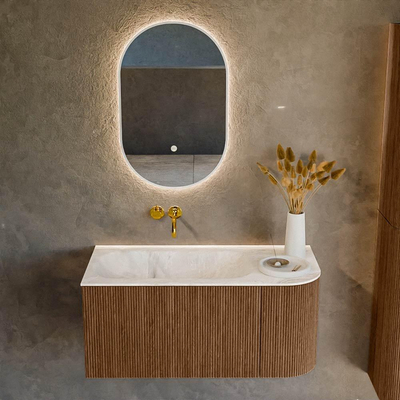 MONDIAZ KURVE-DLUX 95cm Meuble salle de bain avec module 25 D - couleur Walnut - 1 tiroir - 1 porte - vasque BIG SMALL gauche - sans trou de robinet - couleur Frappe