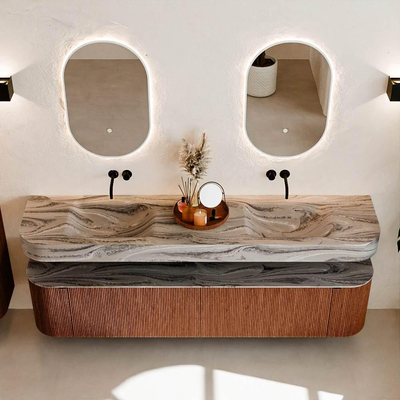 MONDIAZ THOR-DLUX Meuble de salle de bains - 200cm - arrondi gauche + droite - couleur Ruby - 2 tiroirs - 2 portes - Vasque suspendue CLOUD Double sans trou de robinet - couleur Sombra