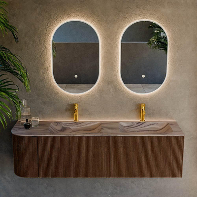 MONDIAZ KURVE-DLUX 155cm badmeubel ronding Links kleur Walnut met 2 lades en 1 deur. Wastafel LEAF Dubbel / Rechts 2 kraangaten Sombra.