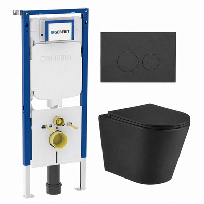 QeramiQ Dely Toiletset - 36.3x51.7cm - diepspoel - rimless - Geberit UP720 inbouwreservoir - softclose toiletzitting - bedieningsplaat mat antraciet - ronde knoppen - met Burda frame - mat zwart