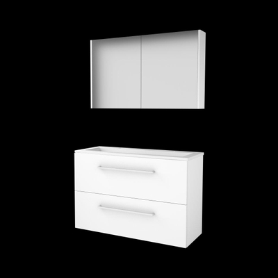 Basic-Line Comfort 39 ensemble de meubles de salle de bain 100x39cm avec poignées 2 tiroirs lavabo acrylique 2 trous de robinetterie armoire de toilette mdf laqué blanc glacier