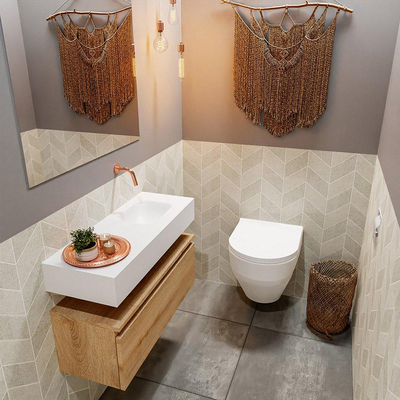 MONDIAZ ANDOR Meuble WC - 80x30x30cm - 0 trous de robinet - 1 tiroirs - chêne blanchi mat - vasque à droite - Solid surface - Blanc