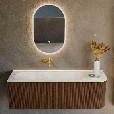 MONDIAZ KURVE-DLUX meuble de salle de bains 135cm avec module 25 R couleur noyer avec 1 tiroir et 1 porte. Vasque BIG MEDIUM gauche sans trou de robinet couleur Opalo.