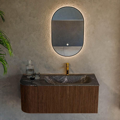 MONDIAZ KURVE-DLUX 105cm badmeubel met module 25 L kleur Walnut met 1 lade en 1 deur. Wastafel BIG SMALL rechts 1 kraangat kleur Lava.