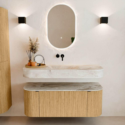 MONDIAZ THOR-DLUX 120cm badmeubel ronding links + rechts kleur Oak met 1 lade en 2 deuren. Vrijhangende wastafel CLOUD Midden zonder kraangat kleur Frappe.