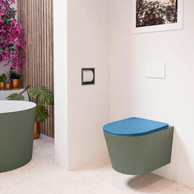Mondiaz LAVIE hangtoilet – spoelrandloos – 36 x 53 cm – met softclose zitting – Army (groen), zitting Jeans (blauw)