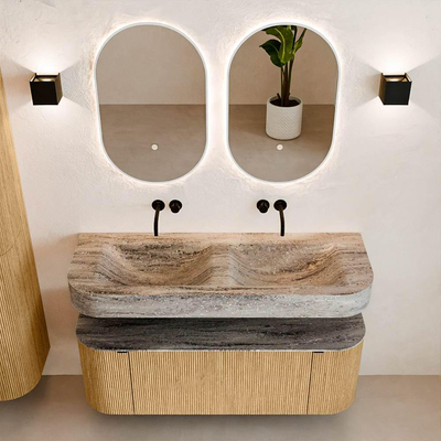 MONDIAZ THOR-DLUX 130cm badmeubel ronding links + rechts kleur Oak met 1 lade en 2 deuren. Vrijhangende wastafel CLOUD Dubbel zonder kraangat kleur Oza.